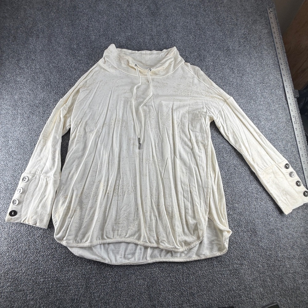 Westbound Womens XL Cowl Neck Top Cream Gold Metallic Splatter Button Cuff 0740